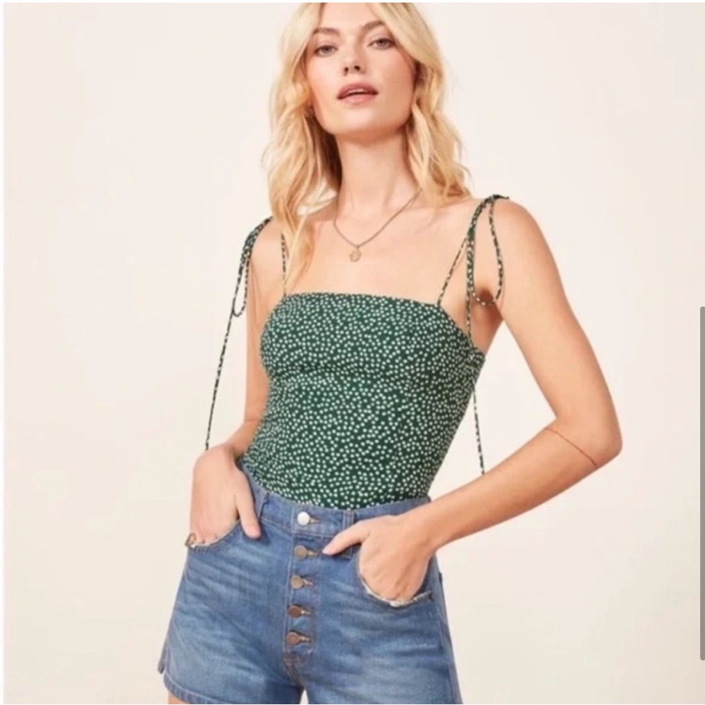 Reformation Green Floral Print Square Neck Top